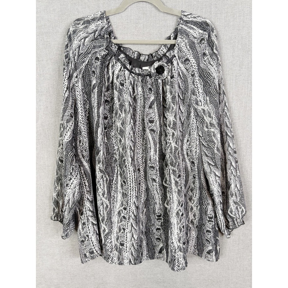 CJ Banks Women 3X Black Geometric Striped Balloon Sleeve Sequin Artsy Blouse Top